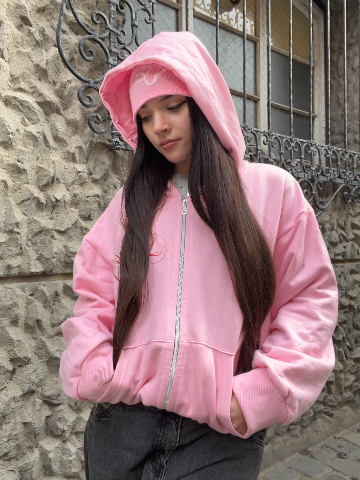 Cherry - Hoodie Zip Manga Globo Pink
